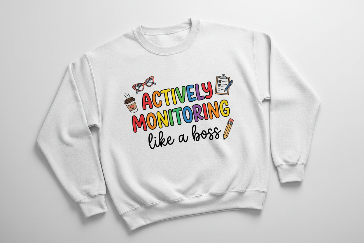 Actively Monitoring Teacher Rainbow Text Design Sweatshirt - White