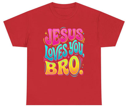 JESUS LOVES YOU BRO Retro Christian Youth T-Shirt - product mockup - Red