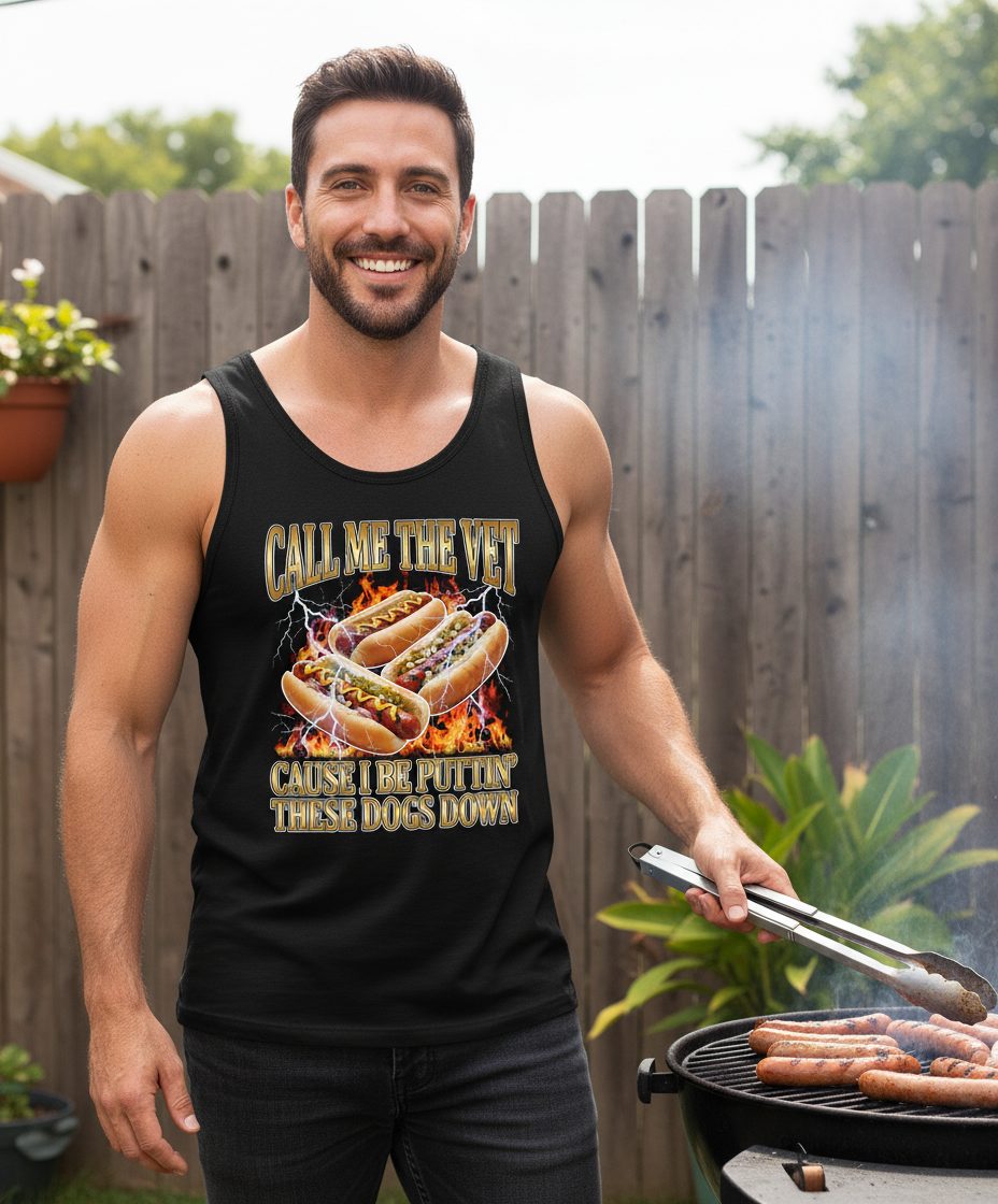 Call Me the Vet Cause I Be Puttin' These Dogs Down hot dogs Tank Top Black lifestyle mockup