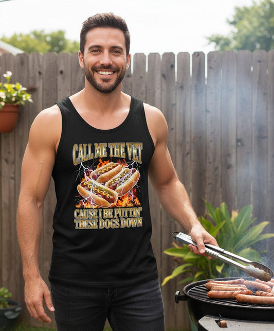 Call Me the Vet Cause I Be Puttin' These Dogs Down hot dogs Tank Top Black lifestyle mockup