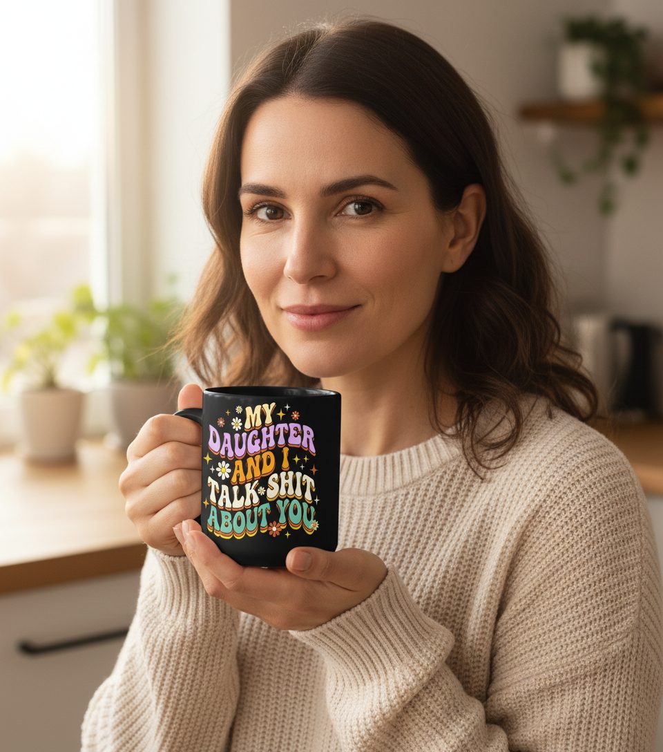 MY Daughter AND I TALK SHIT ABOUT YOU Funny Mother Humor Black Mug - lifestyle model mockup - Black