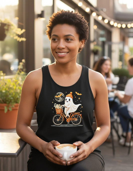 Cute Ghost on Bicycle cute ghost Tank Top Black lifestyle mockup