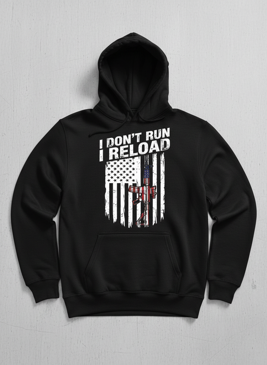 I Don't Run I Reload Patriotic American Flag Rifle Hoodie - Black