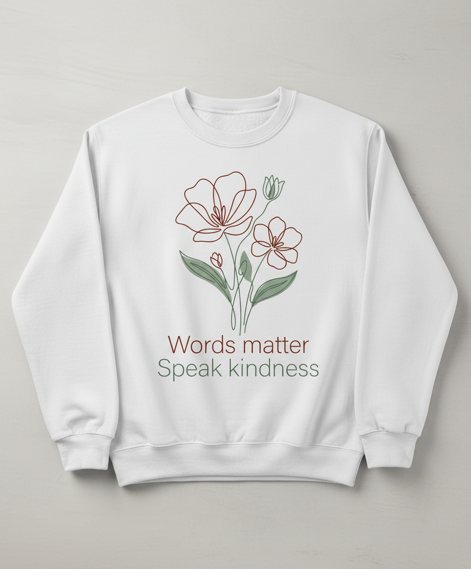 Words Matter Speak Kindness Floral Line Art Sweatshirt - White