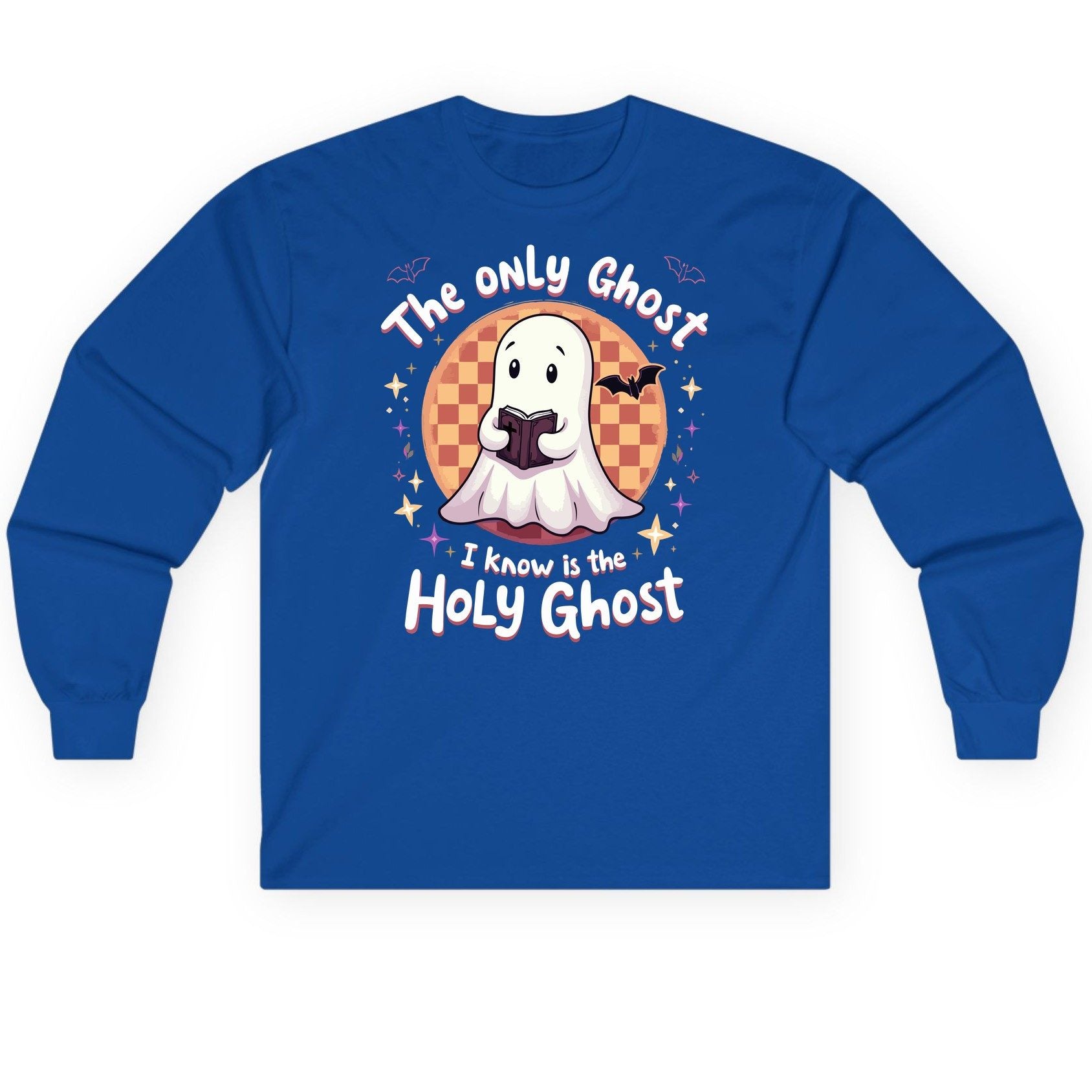 The Only Ghost I Know Is the Holy Ghost christian Halloween Long Sleeve Tee Royal product mockup