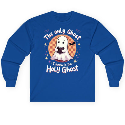 The Only Ghost I Know Is the Holy Ghost christian Halloween Long Sleeve Tee Royal product mockup