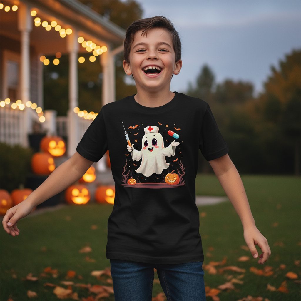 Cute Ghost Nurse Halloween ghost nurse Youth T-Shirt Black lifestyle mockup