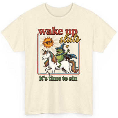 Wake Up Sluts It's Time to Sin Funny Wizard Frog T-Shirt - product mockup - Natural
