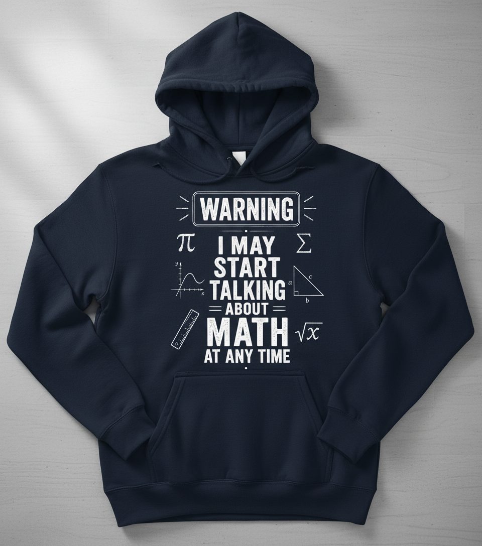 Warning I May Start Talking About Math at Any Time Funny Teachers Hoodie - product mockup - Navy