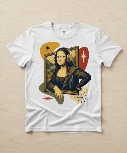 Mona Lisa Listening Retro Art Funny Parody T-Shirt - product mockup - White