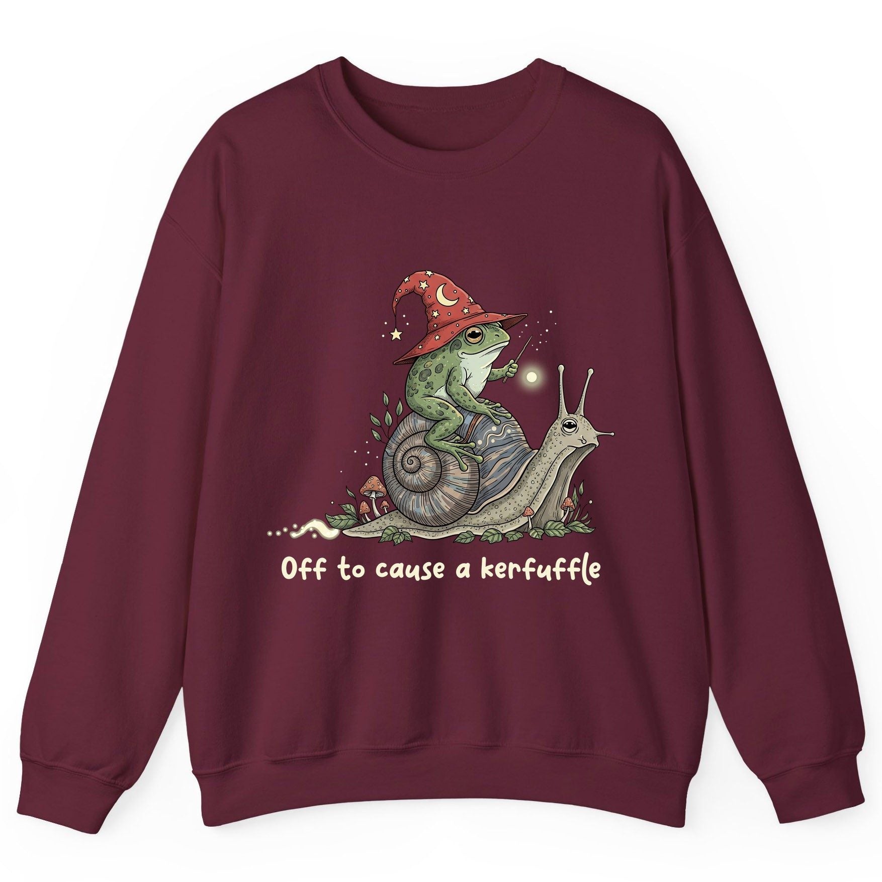 Off to Cause a Kerfuffle wizard frog Sweatshirt Maroon product mockup