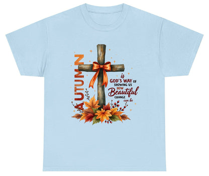 Autumn Is God's Way of Showing US How Beautiful Change Can Be christian autumn Youth T-Shirt Light Blue product mockup