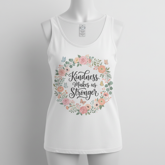 Kindness Makes Us Stronger Floral Wreath Tank Top - White