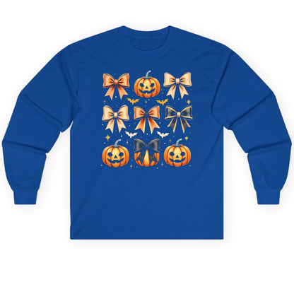 Cute Halloween Pumpkins and Bows Halloween Long Sleeve Tee Royal product mockup