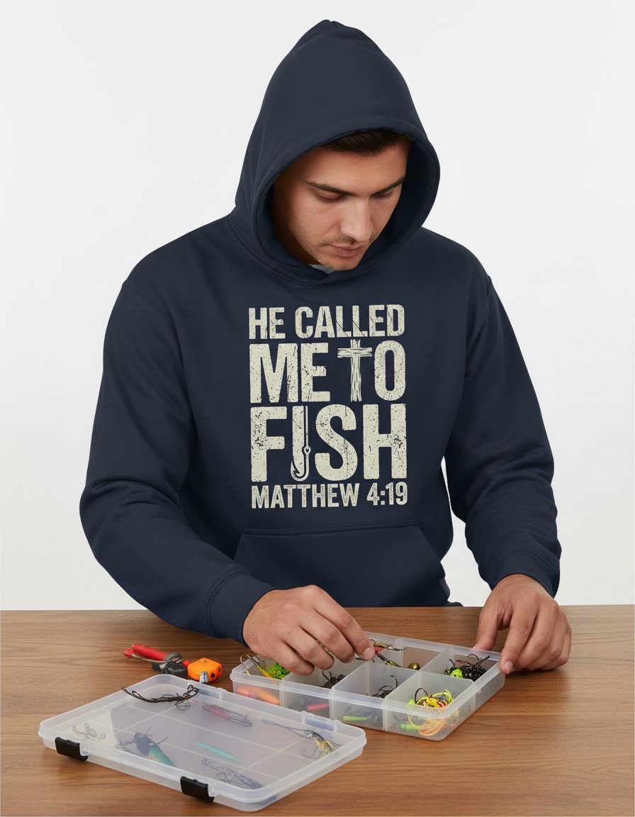 He Called Me to Fish Matthew 4 19 Christian Fishing Hoodie - product mockup - Navy