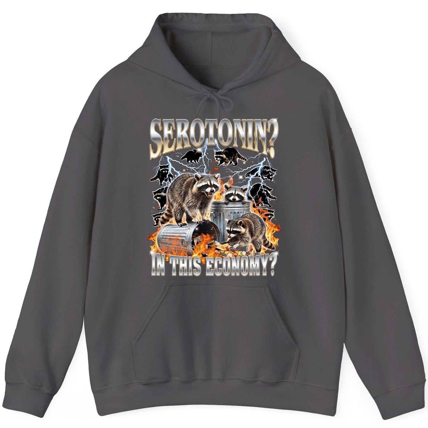 Serotonin in This Economy? raccoons Hoodie Charcoal product mockup