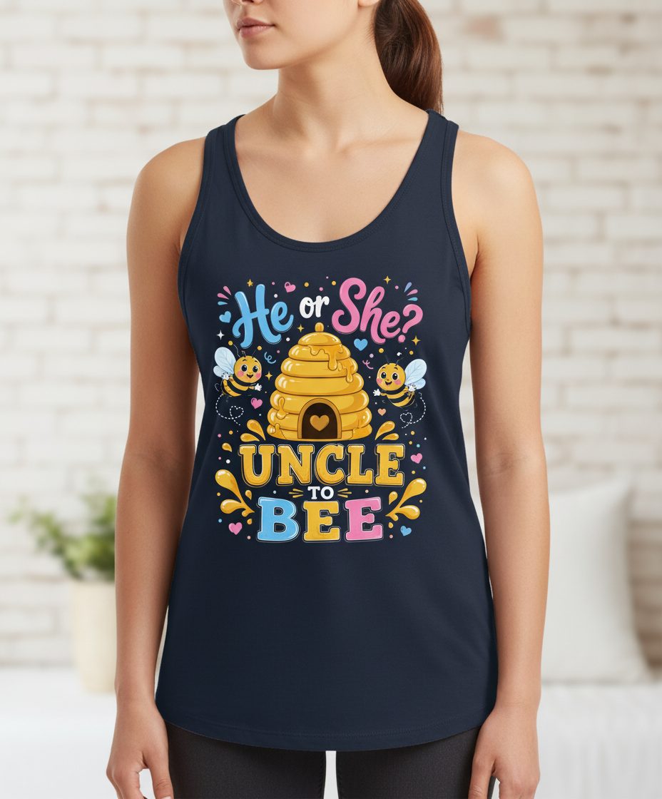 He or She Uncle to Bee Gender Reveal Tank Top - product mockup - Navy
