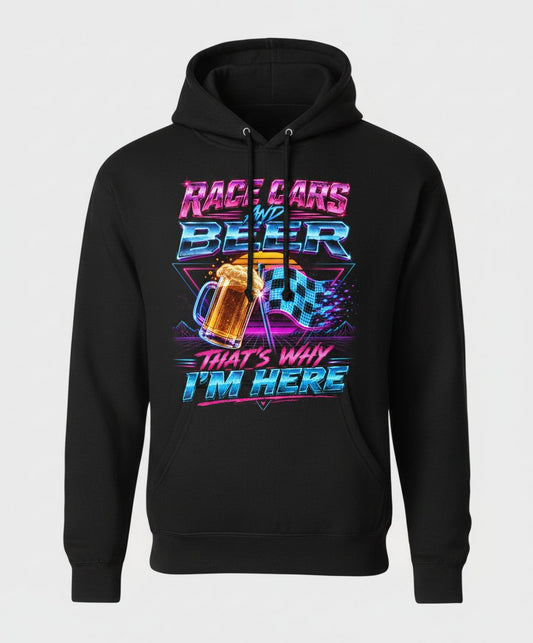 Race Cars and Beer That's Why I'm Here Retro Racing Hoodie - product mockup - Black