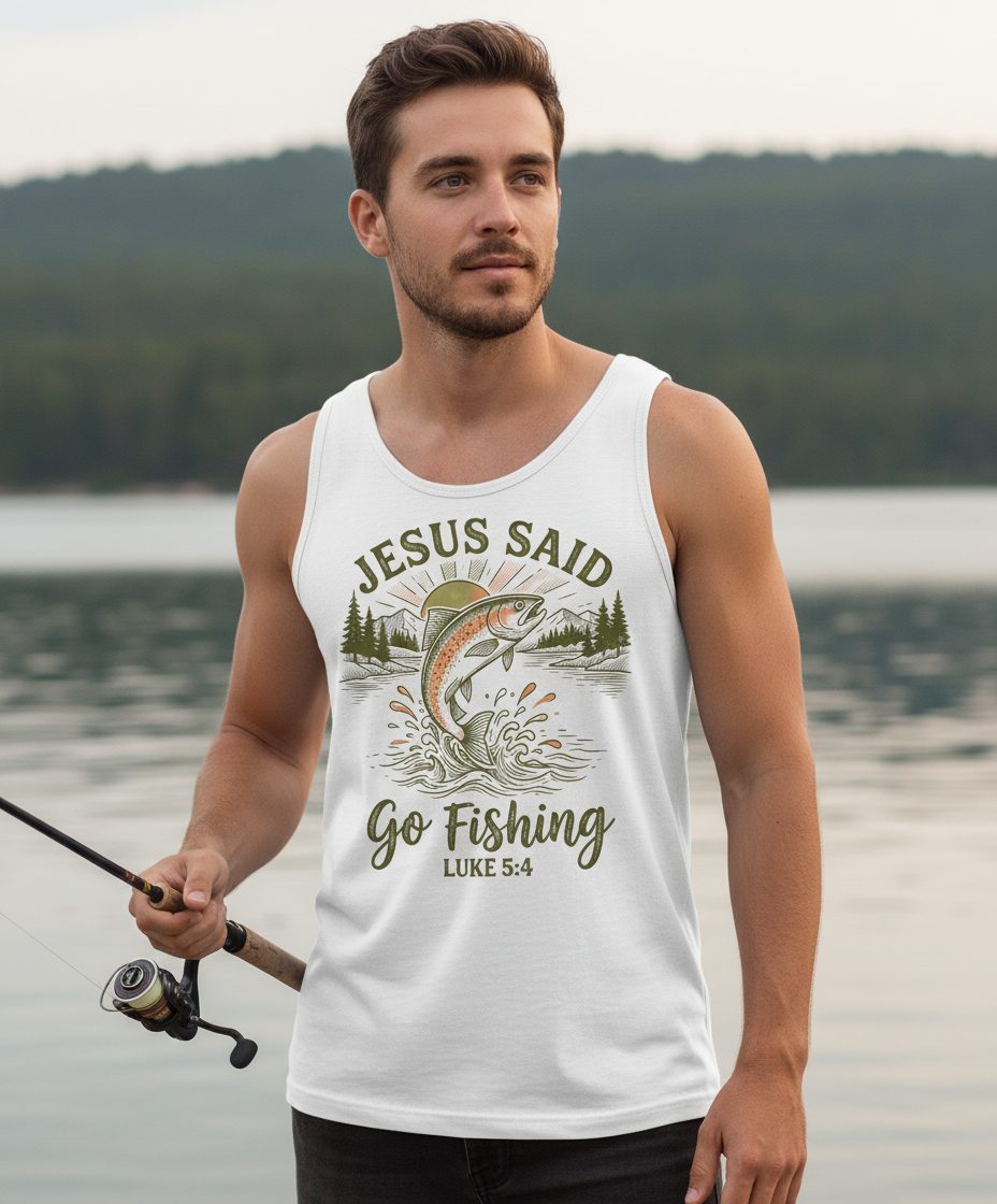 JESUS SAID Go Fishing LUKE 5 4 Vintage Christian Tank Top - lifestyle model mockup - White