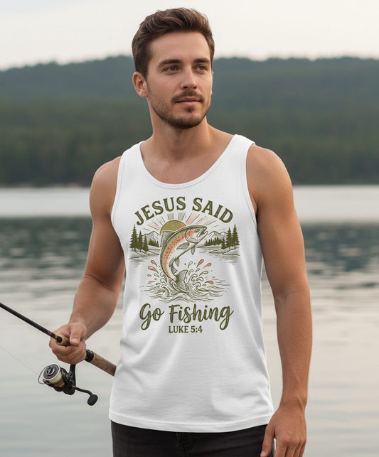 JESUS SAID Go Fishing LUKE 5 4 Vintage Christian Tank Top - lifestyle model mockup - White
