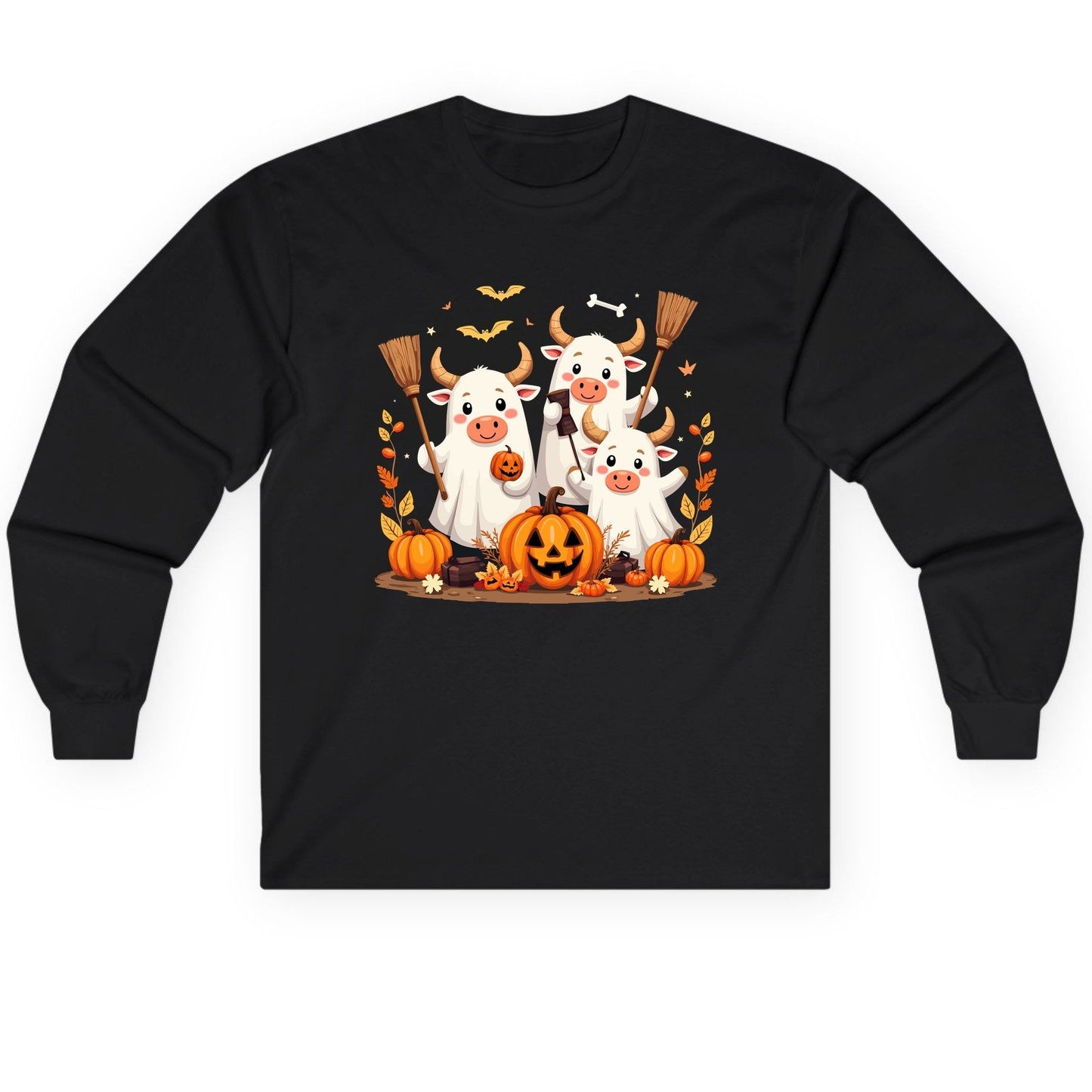 Cute Ghost Cows Halloween cows Long Sleeve Tee Black product mockup