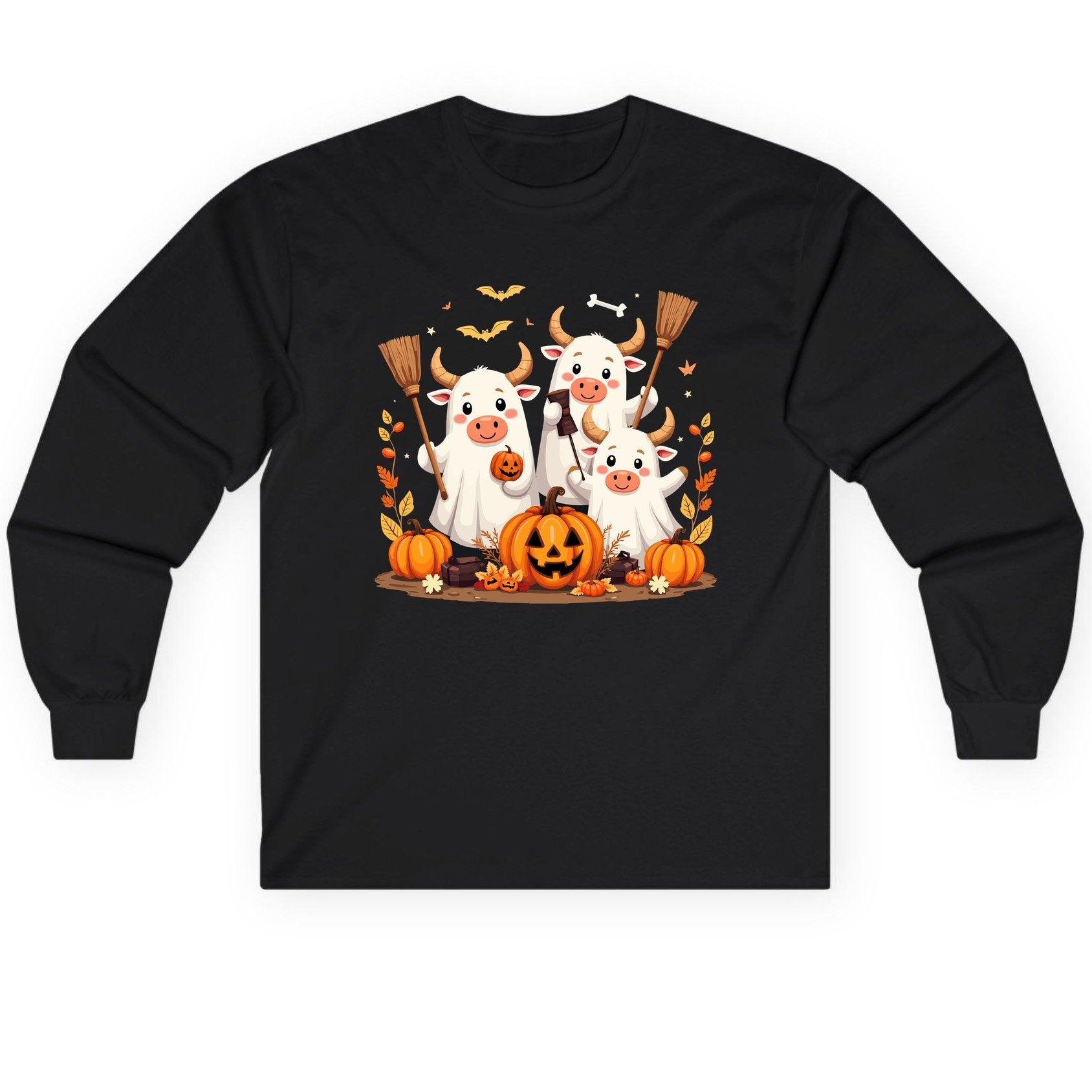 Cute Ghost Cows Halloween cows Long Sleeve Tee Black product mockup