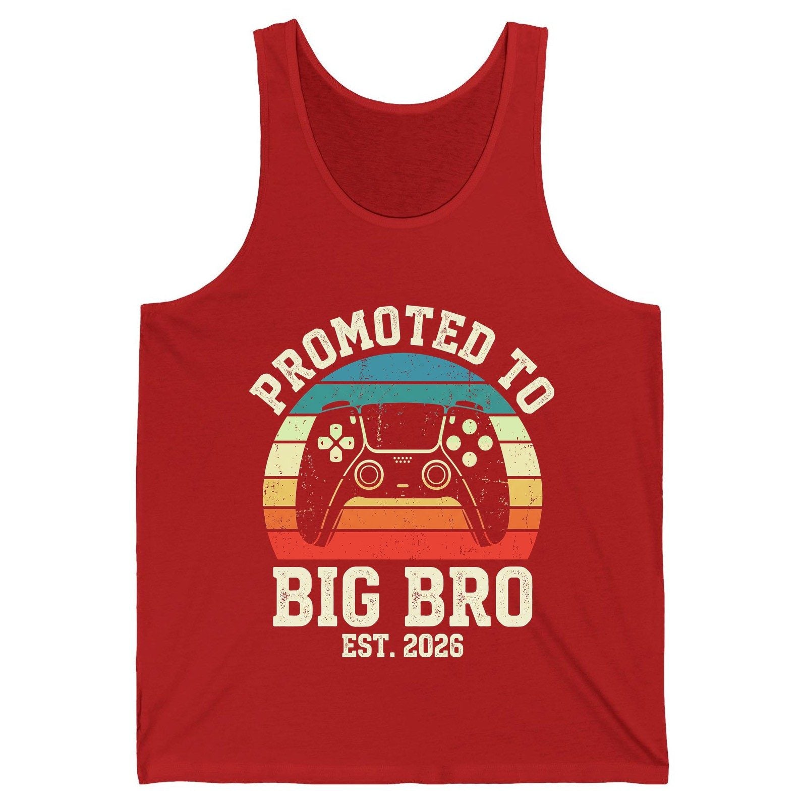 Promoted TO BIG BRO EST 2026 Retro Gaming Tank Top - product mockup - Red