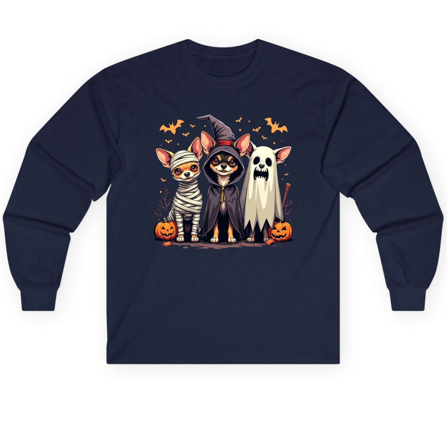Chihuahua Halloween Costumes chihuahua dogs in Halloween costumes Long Sleeve Tee Navy product mockup