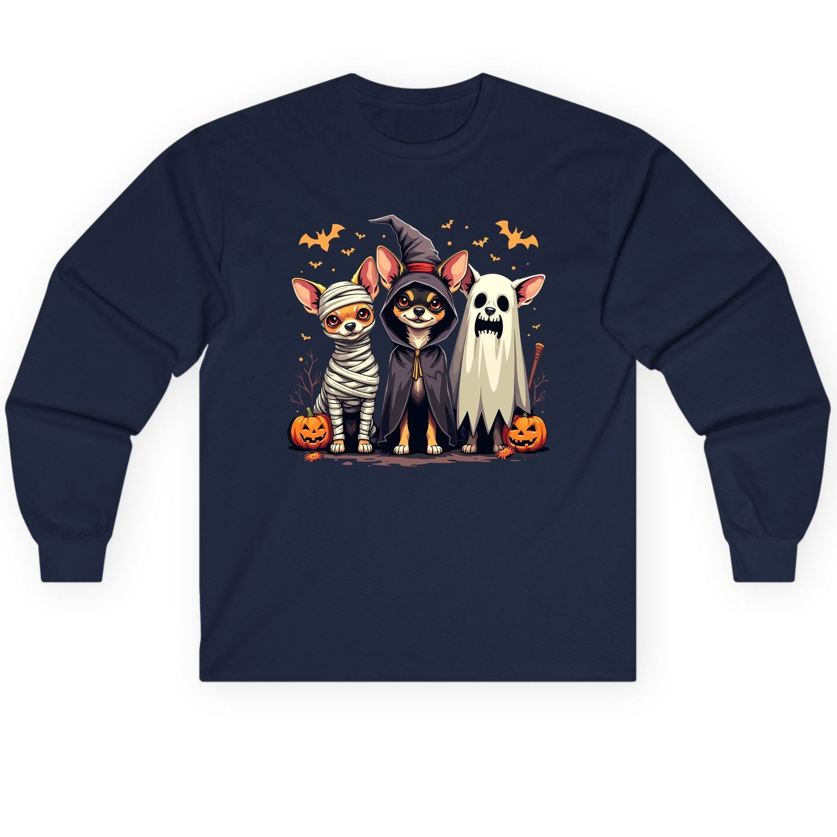 Chihuahua Halloween Costumes chihuahua dogs in Halloween costumes Long Sleeve Tee Navy product mockup