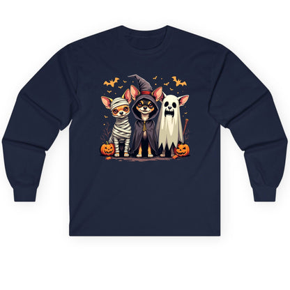 Chihuahua Halloween Costumes chihuahua dogs in Halloween costumes Long Sleeve Tee Navy product mockup