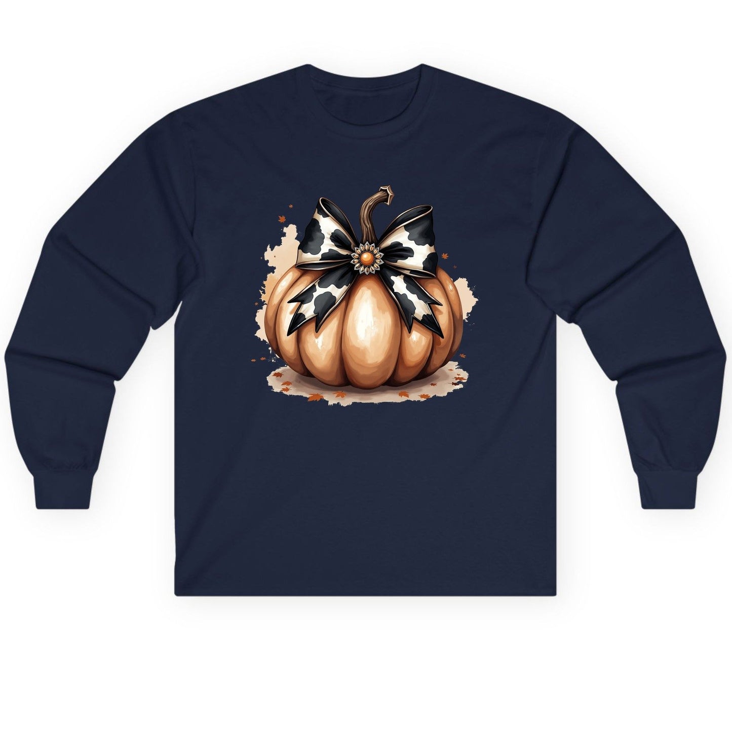 Cow Print Bow Pumpkin pumpkin Long Sleeve Tee Navy product mockup