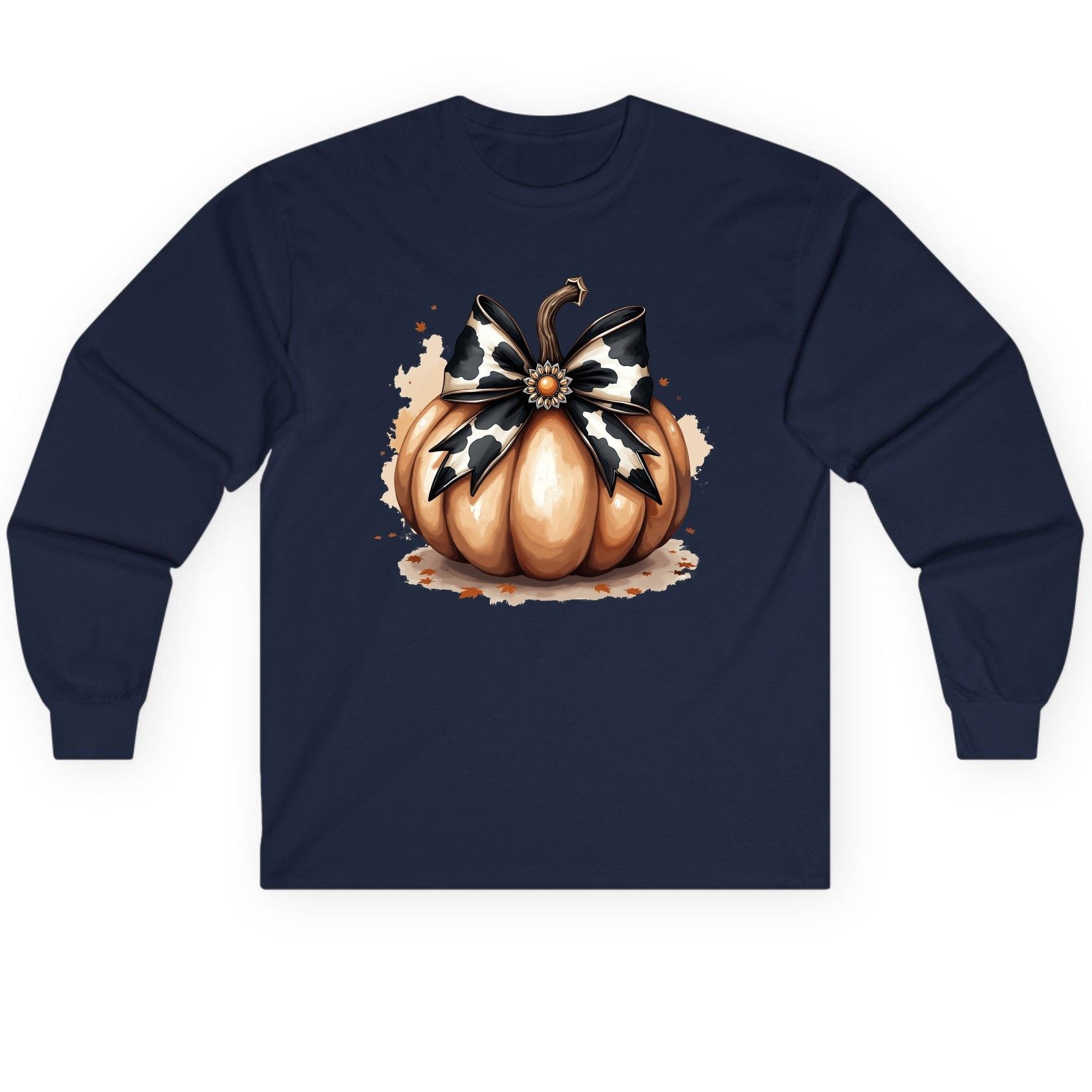 Cow Print Bow Pumpkin pumpkin Long Sleeve Tee Navy product mockup