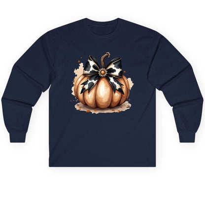 Cow Print Bow Pumpkin pumpkin Long Sleeve Tee Navy product mockup