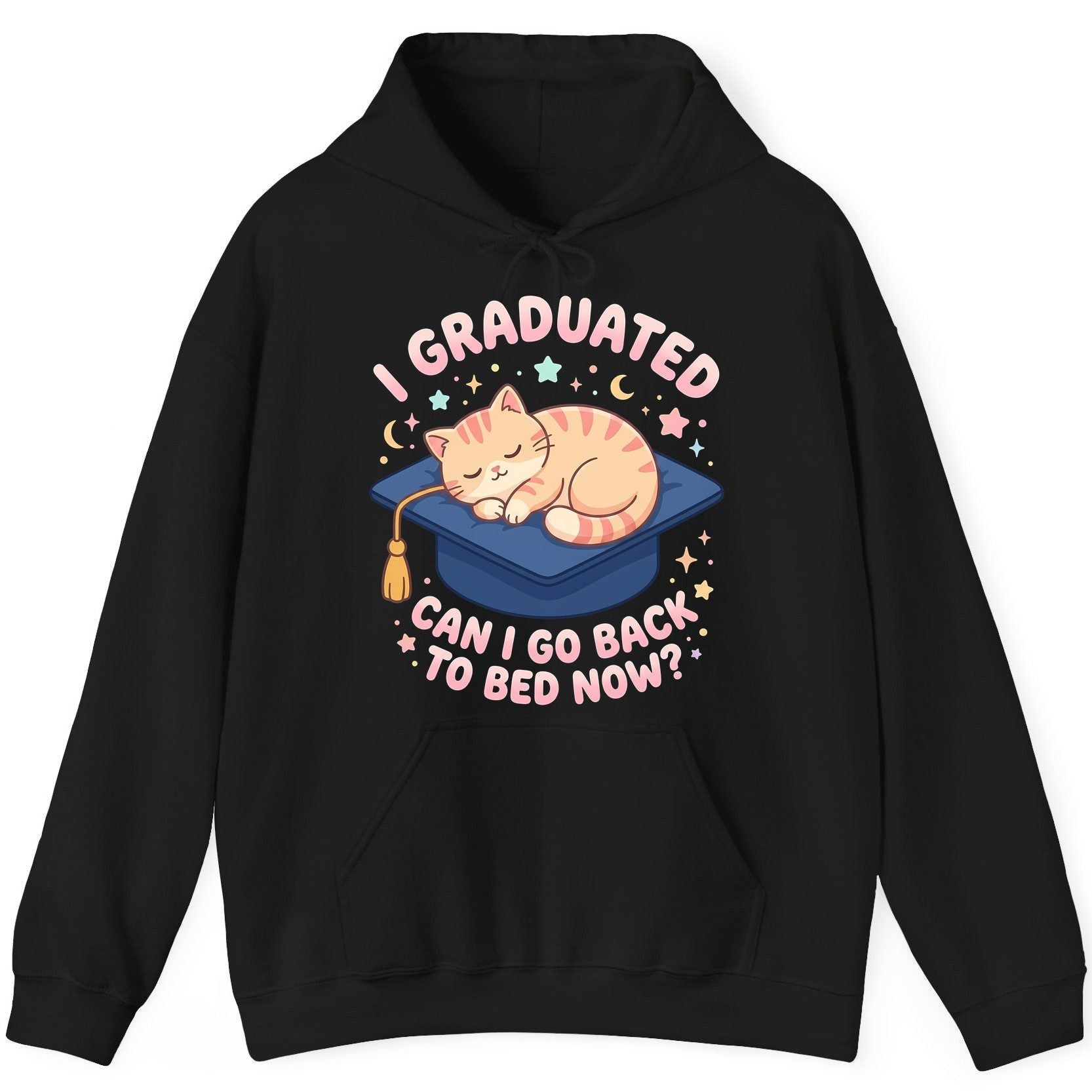 I Graduated CAN I GO BACK TO BED NOW Funny Graduation Cat Hoodie - product mockup - Black