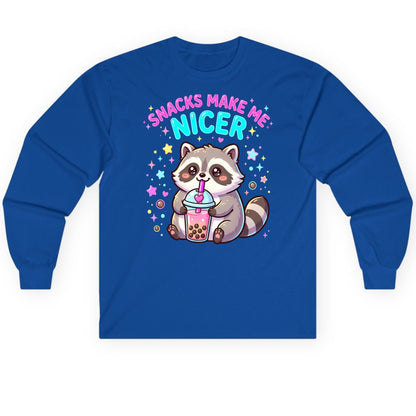 SNACKS MAKE ME NICER Funny Raccoon Long Sleeve Tee - product mockup - Royal