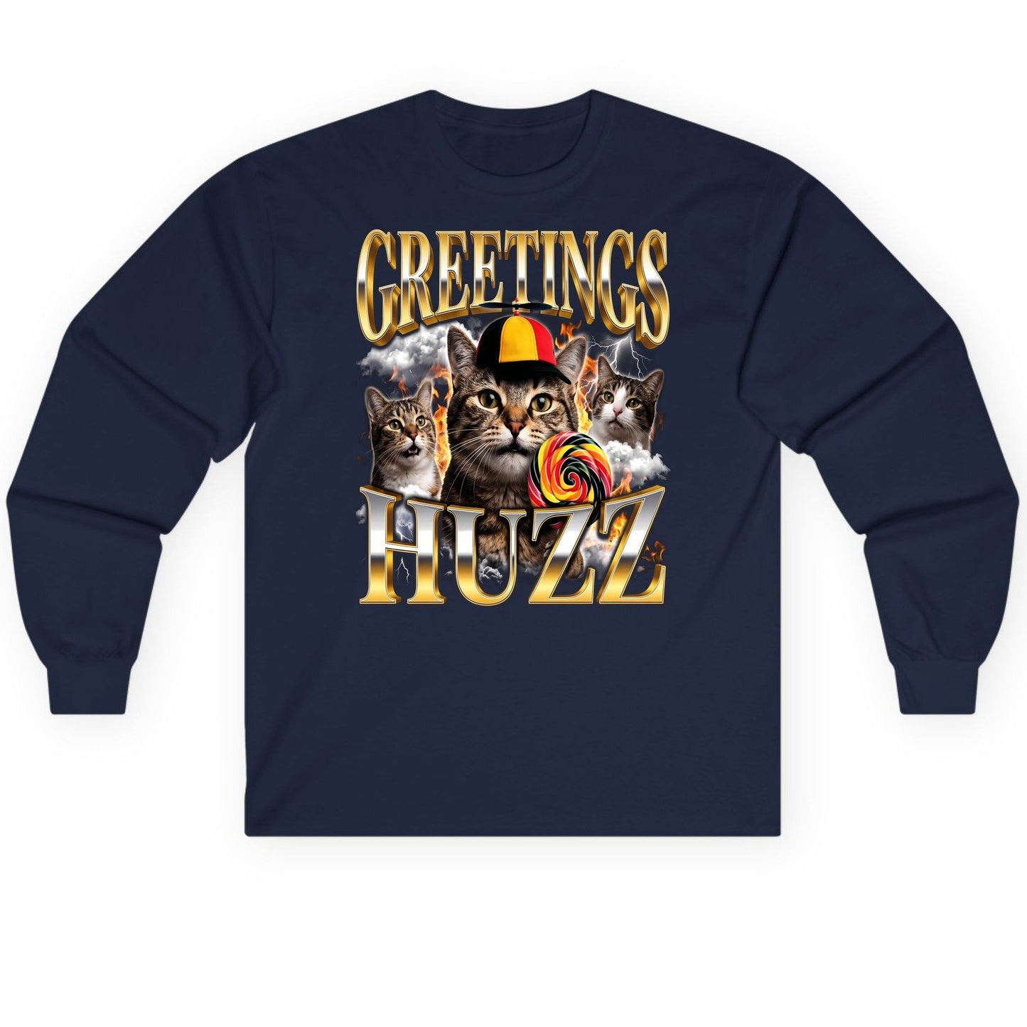 Greetings HUZZ Funny Cats Long Sleeve Tee - product mockup - Navy