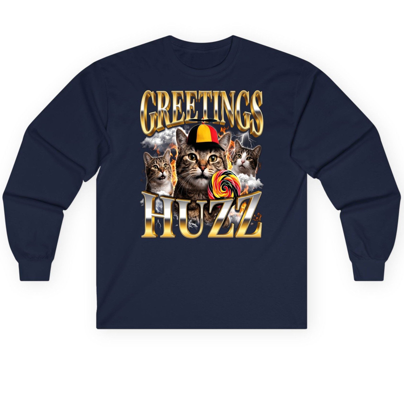 Greetings HUZZ Funny Cats Long Sleeve Tee - product mockup - Navy