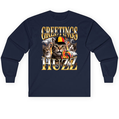 Greetings HUZZ Funny Cats Long Sleeve Tee - product mockup - Navy