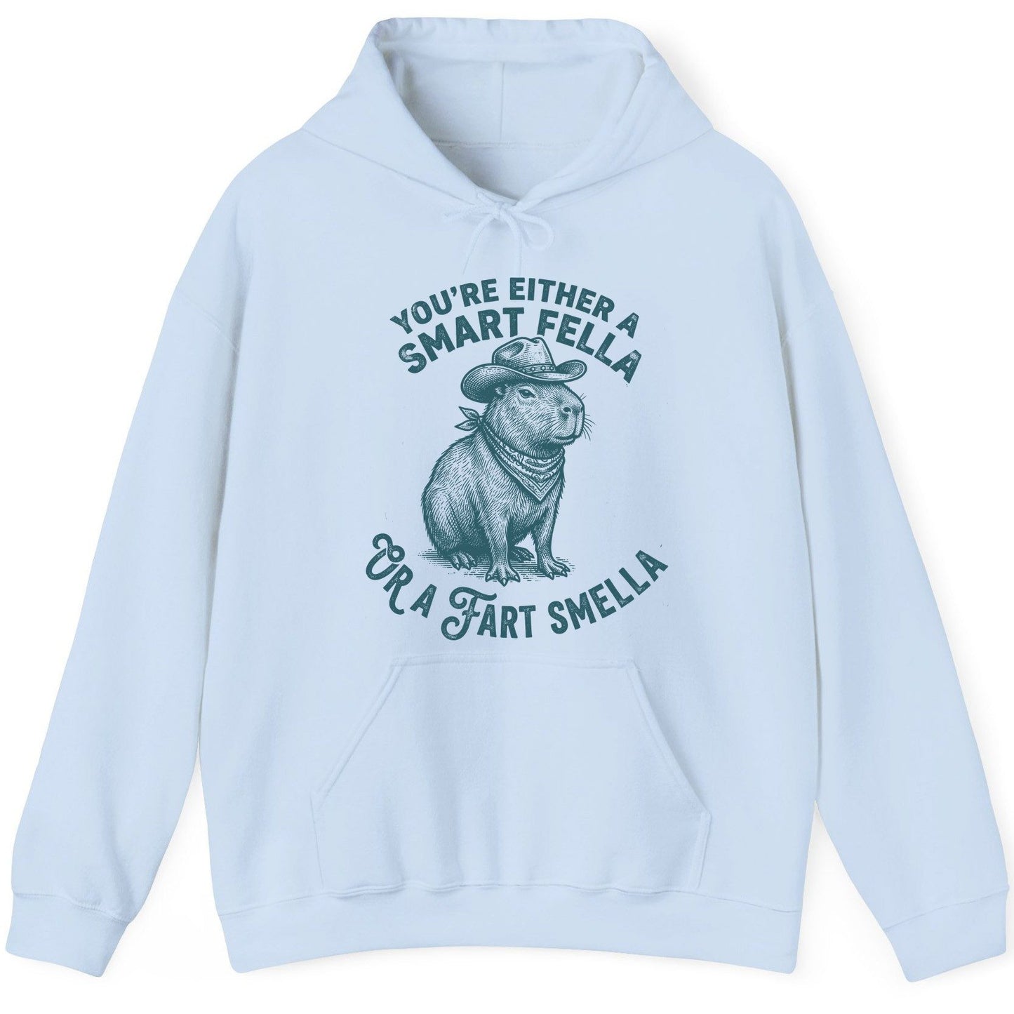 You're Either a Smart Fella or a Fart Smella capybara Hoodie Light Blue product mockup