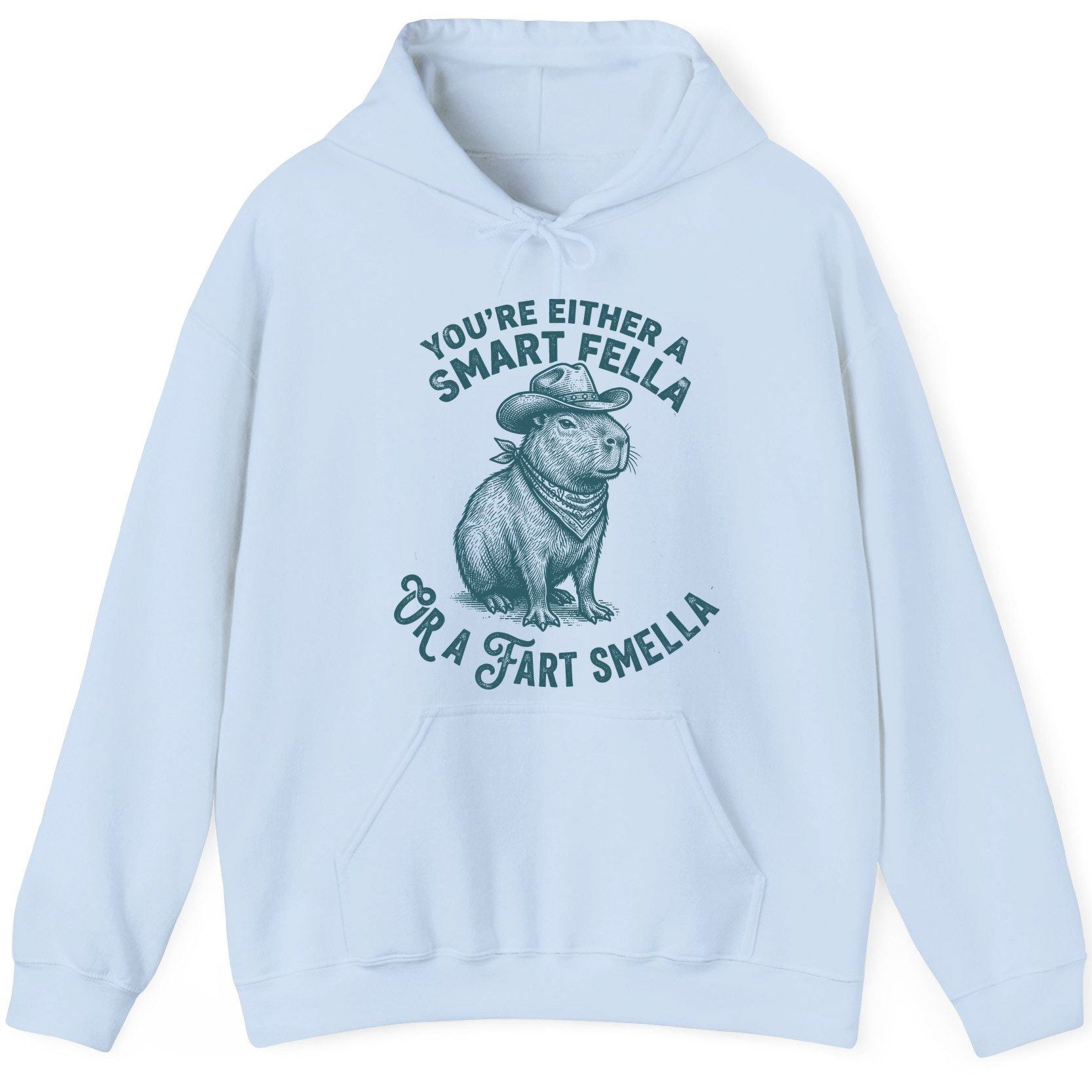 You're Either a Smart Fella or a Fart Smella capybara Hoodie Light Blue product mockup