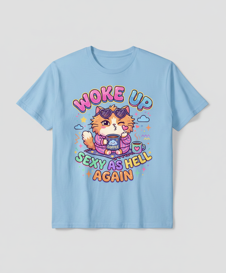 Woke Up Sexy As Hell Again Cute Cat T-Shirt - Light Blue