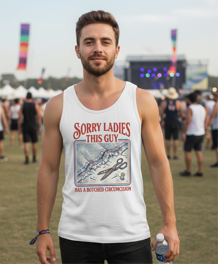 Sorry Ladies This Guy Has a Botched Circumcision Tank Top - lifestyle model mockup - White