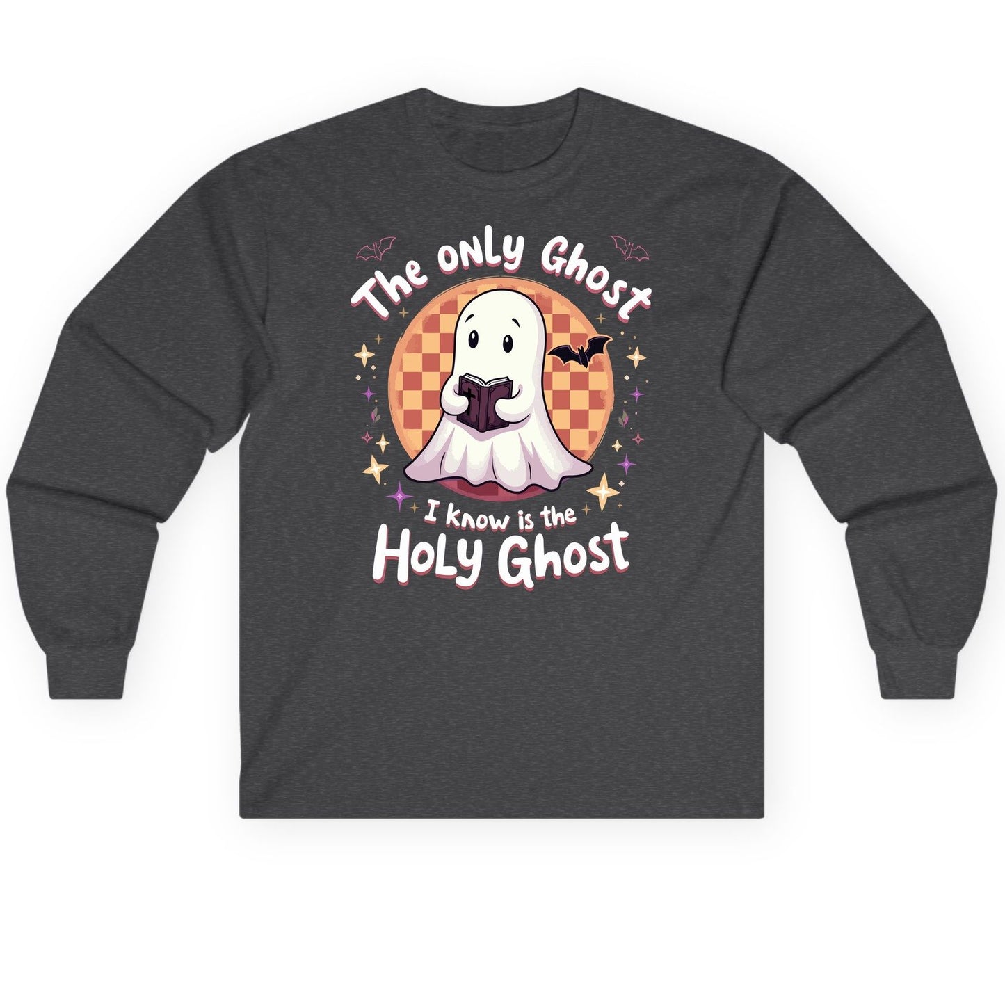 The Only Ghost I Know Is the Holy Ghost christian Halloween Long Sleeve Tee Dark Heather product mockup