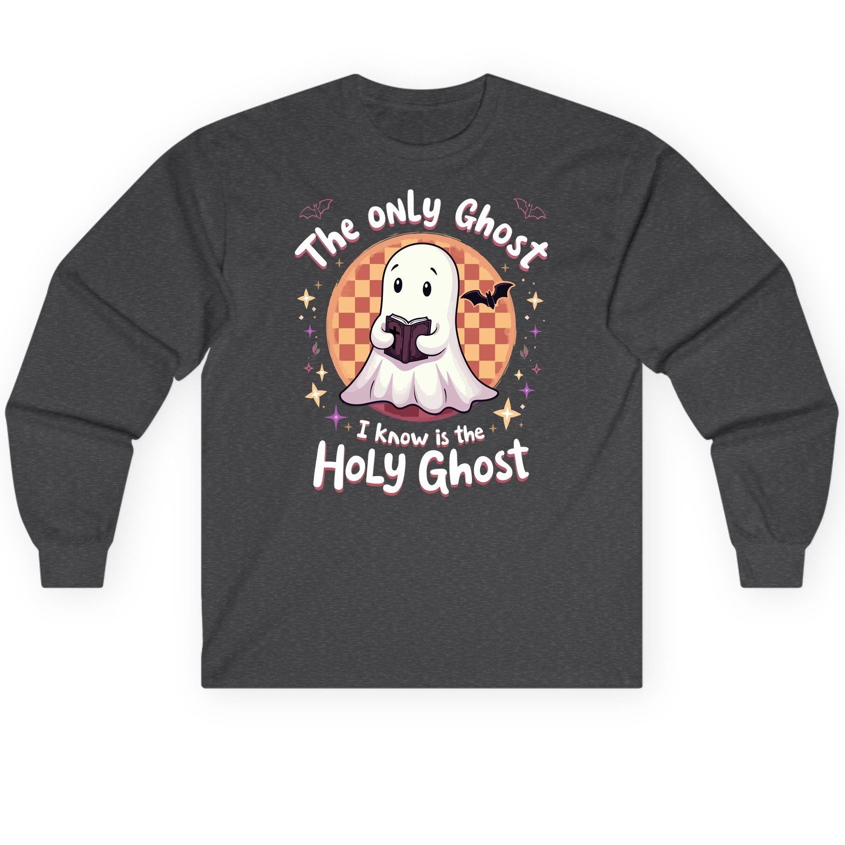 The Only Ghost I Know Is the Holy Ghost christian Halloween Long Sleeve Tee Dark Heather product mockup