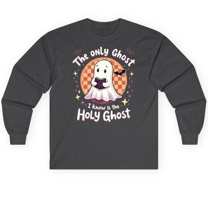The Only Ghost I Know Is the Holy Ghost christian Halloween Long Sleeve Tee Dark Heather product mockup