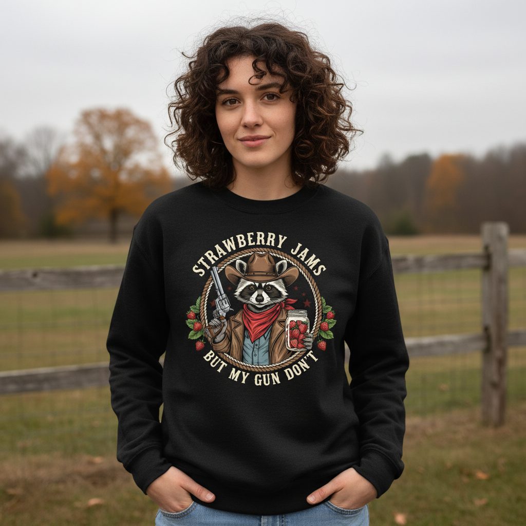 Strawberry Jams but My Gun Don't cowboy raccoon Sweatshirt Black lifestyle mockup