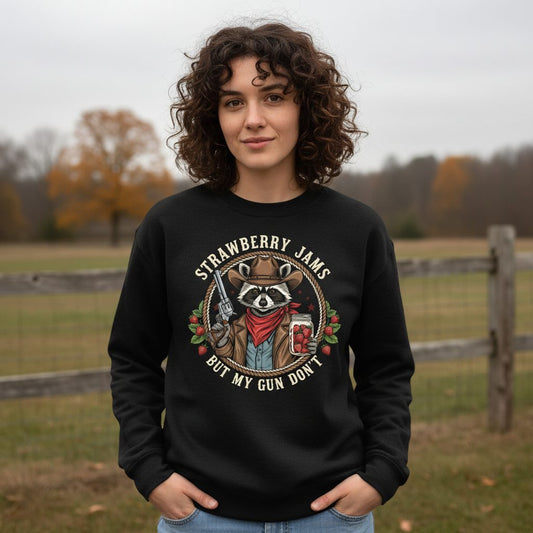 Strawberry Jams but My Gun Don't cowboy raccoon Sweatshirt Black lifestyle mockup