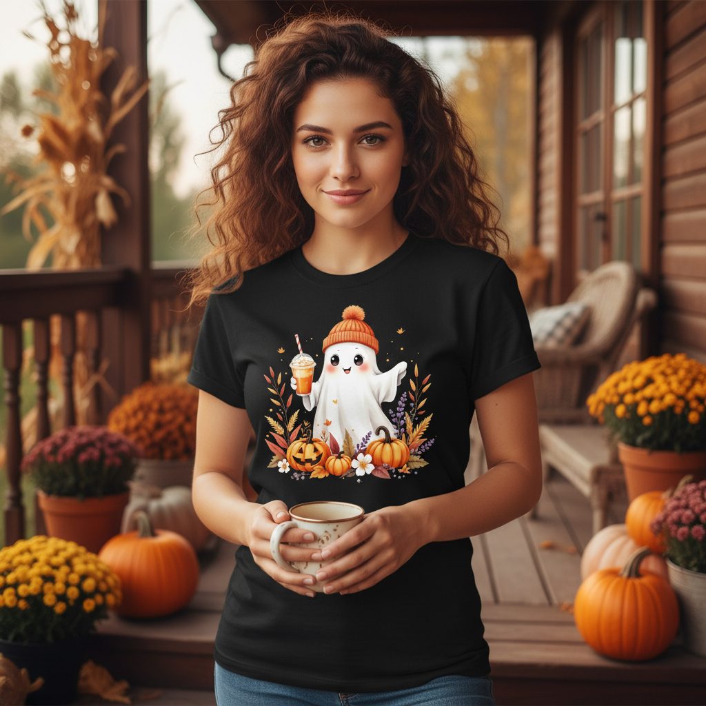 Cute Ghost Pumpkin Spice Latte cute Halloween ghost T-Shirt Black lifestyle mockup