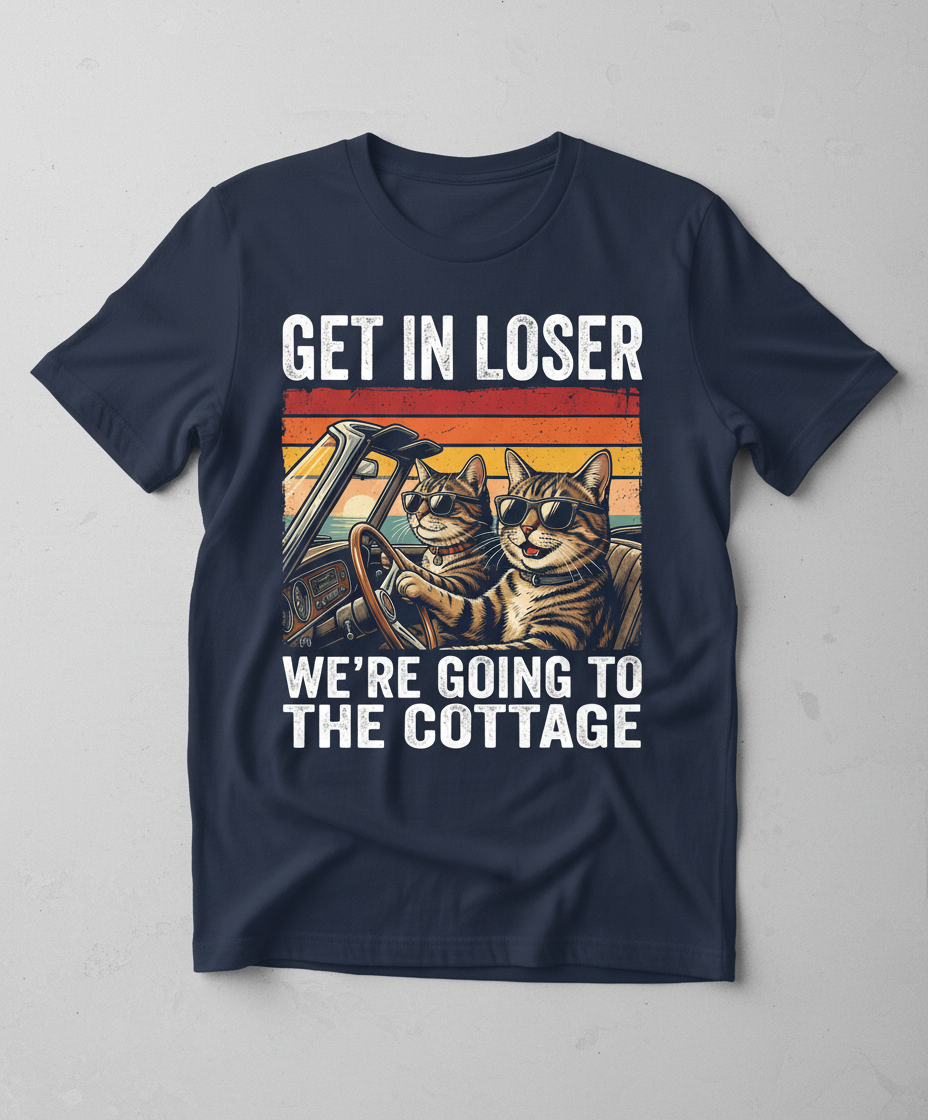 Get In Loser We're Going To The Cottage Funny Cat Meme T-Shirt - Navy