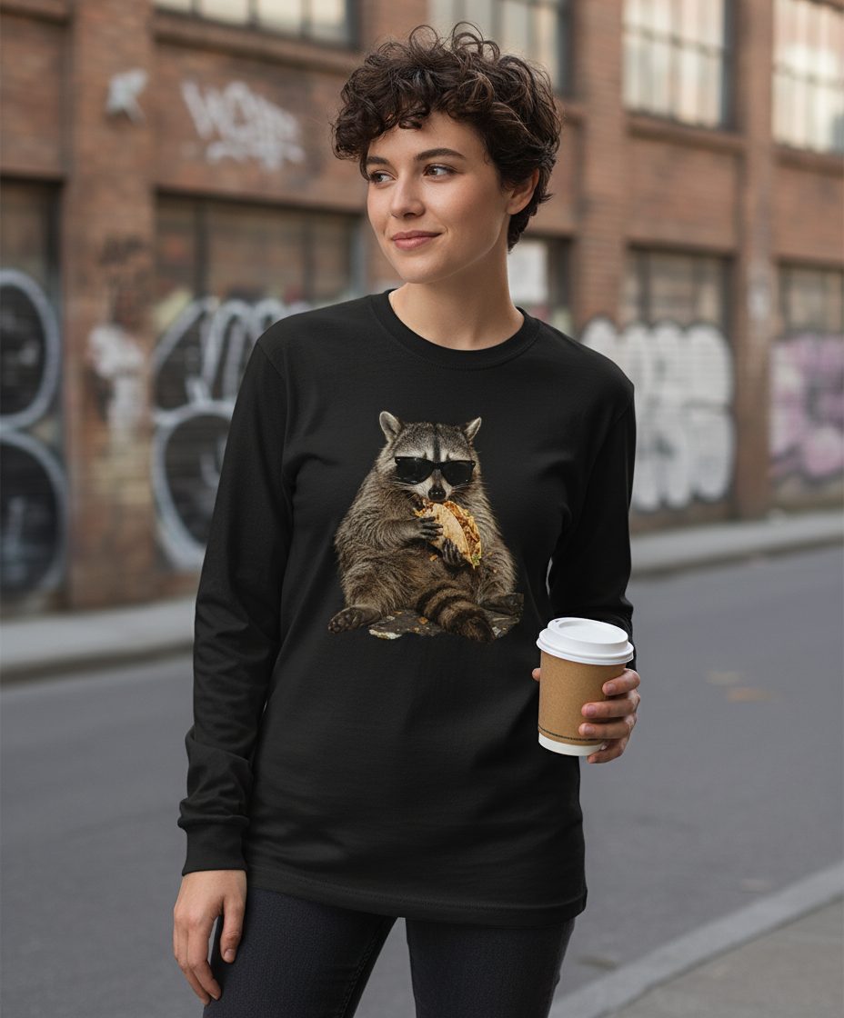 Raccoon Eating Taco Funny Animal Lovers Long Sleeve Tee - lifestyle model mockup - Black